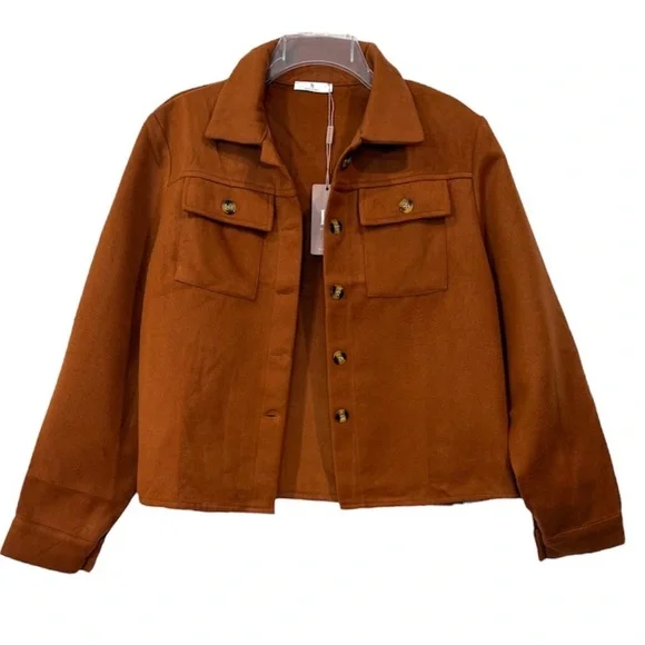 Hotouch Jacket Brushed Flannel Cropped Shacket Brown Size Small Western Boho NWT - Picture 2 of 10